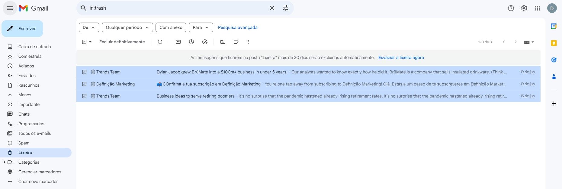 Esvaziar a Lixeira do Gmail