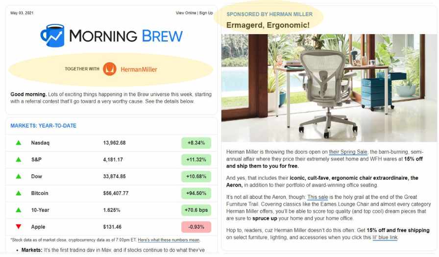 Exemplo de um boletim informativo patrocinado da Morning Brew