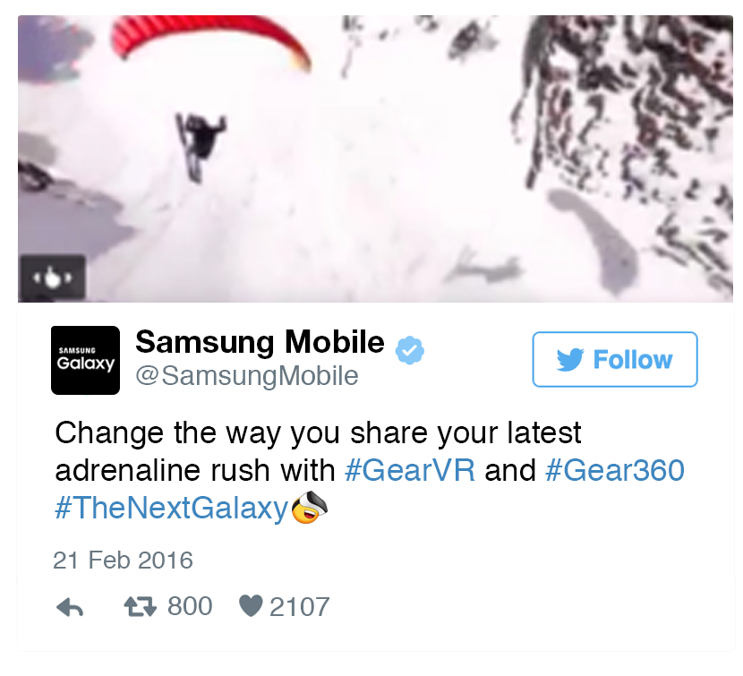 A Samsung usou o hashflag, com um emoji usando seus óculos de realidade virtual