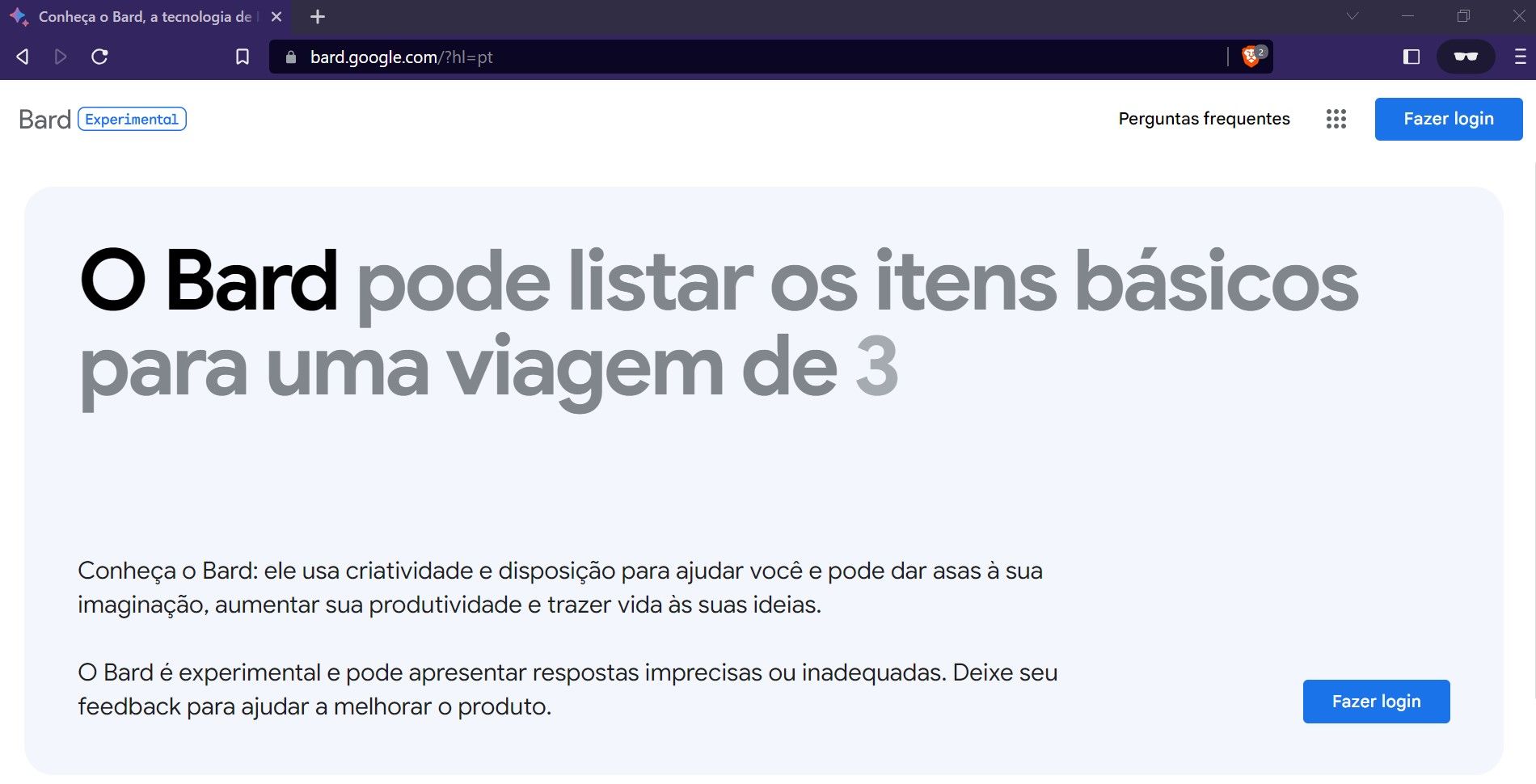 O Google Bard ainda está em versão experimental
