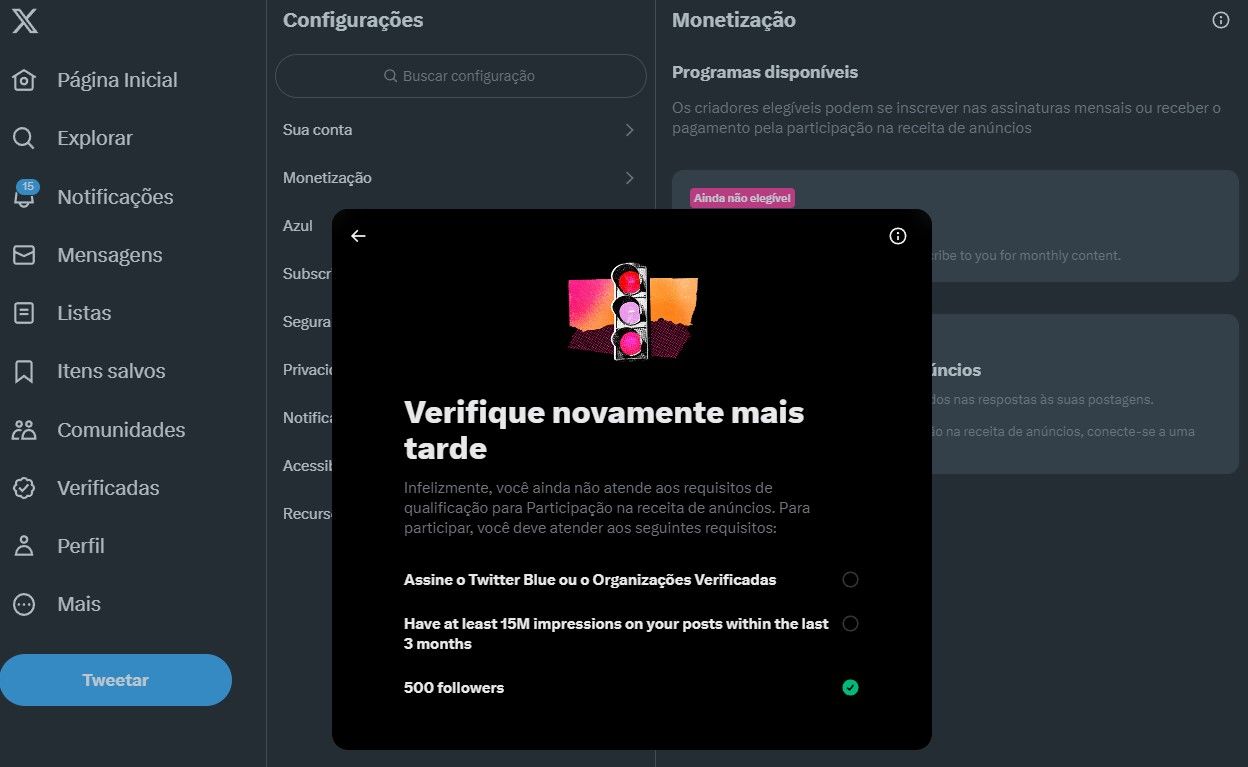  Serão necessárias três condições para se beneficiar da monetização no X
